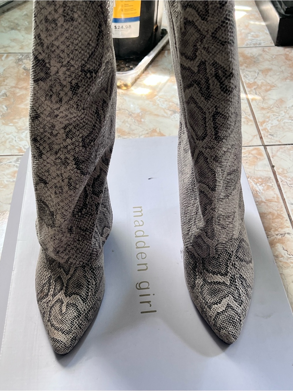 Madden Girl Snake-Print Pointed Toe Knee-High Boots in Gray